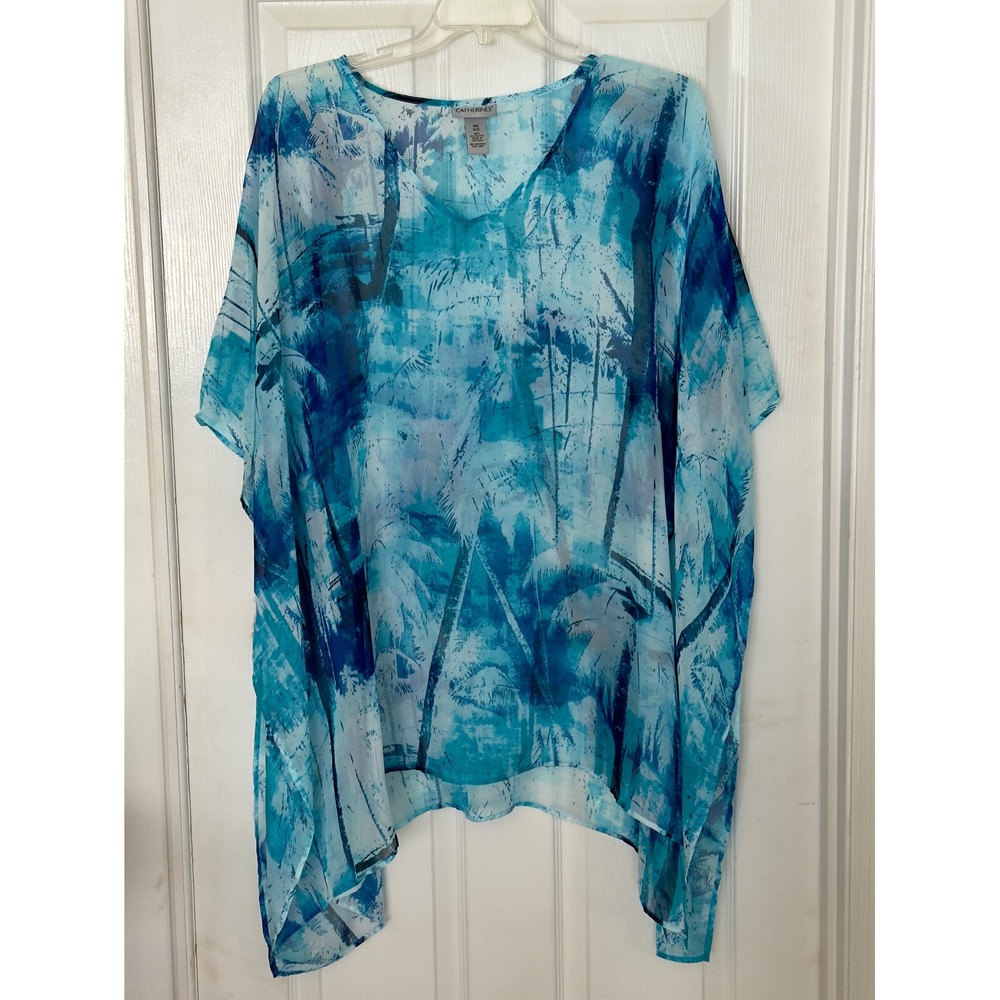Catherines One Size Blue Tropical Palm Tree Print Sheer Kaftan Poncho Top